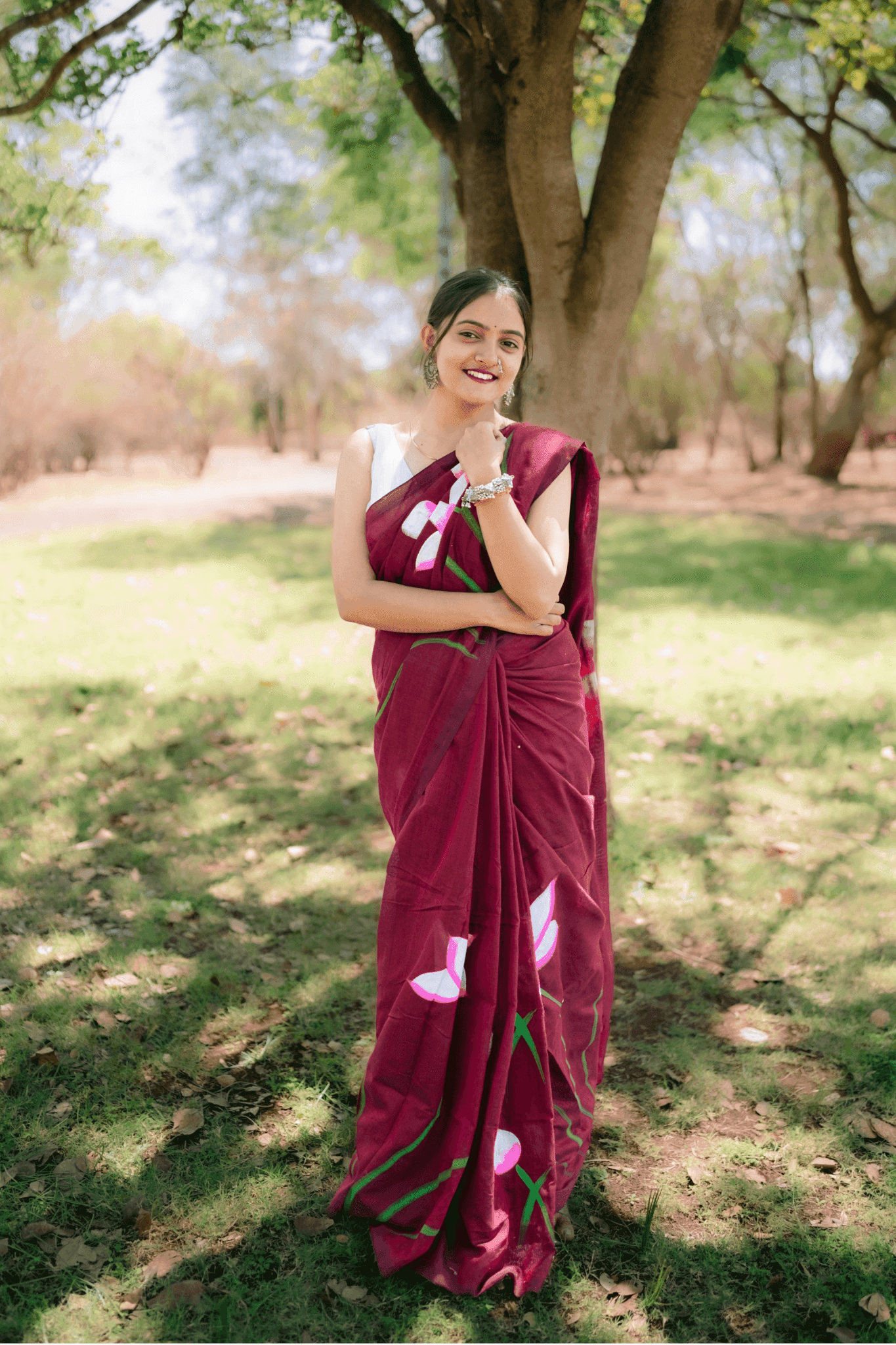 Hand Painted Pure Cotton Floral Saree - Maroon - - Laxha Clothing - www.laxhaclothing.com
