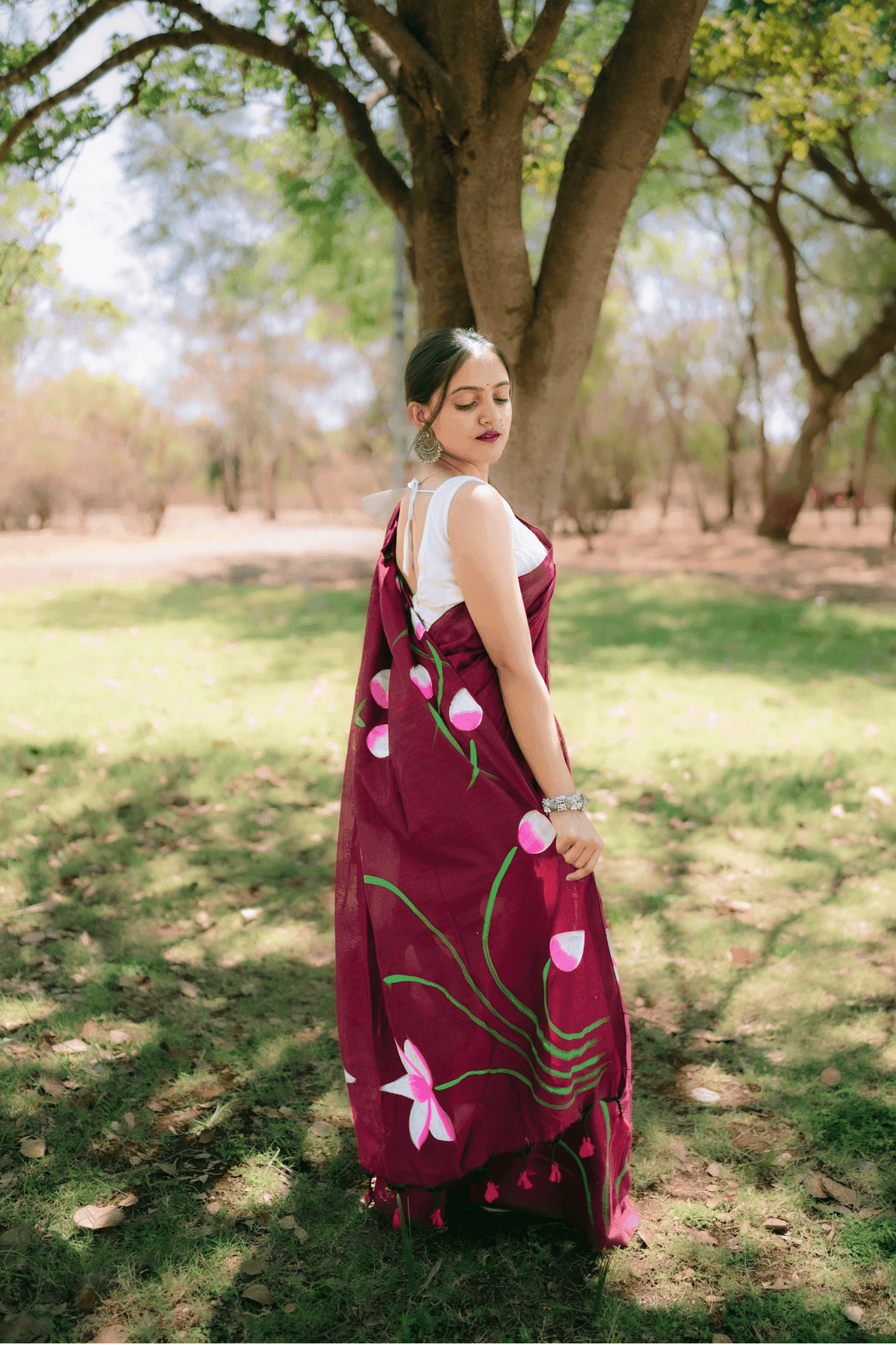 Hand Painted Pure Cotton Floral Saree - Maroon - - Laxha Clothing - www.laxhaclothing.com