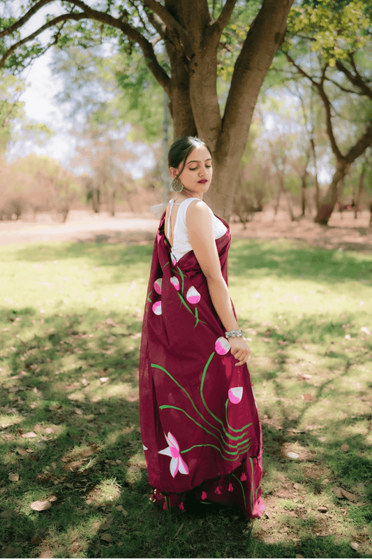 Hand Painted Pure Cotton Floral Saree - Maroon - - Laxha Clothing - www.laxhaclothing.com