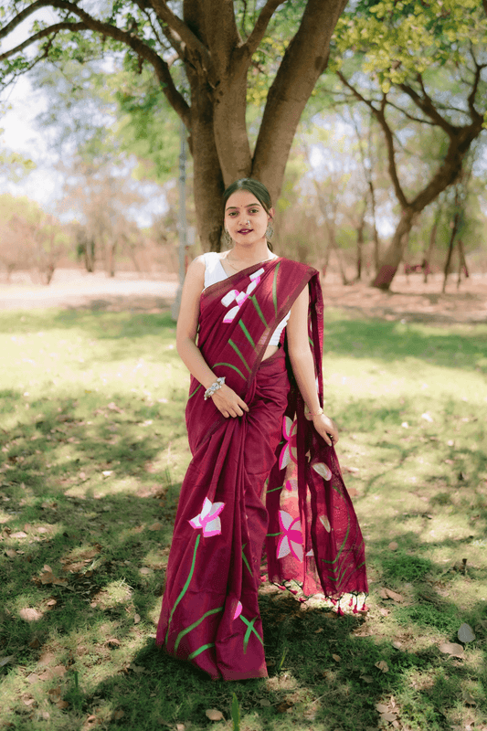 Hand Painted Pure Cotton Floral Saree - Maroon - - Laxha Clothing - www.laxhaclothing.com