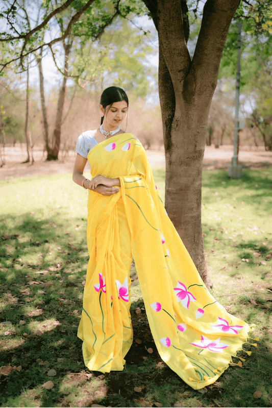 Hand Painted Pure Cotton Floral Saree - Yellow - - Laxha Clothing - www.laxhaclothing.com