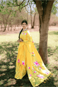 Hand Painted Pure Cotton Floral Saree - Yellow - - Laxha Clothing - www.laxhaclothing.com
