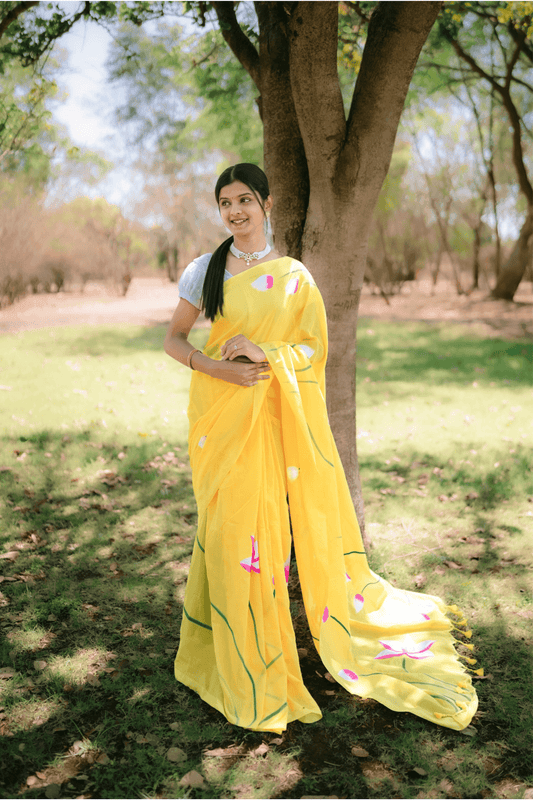 Hand Painted Pure Cotton Floral Saree - Yellow - - Laxha Clothing - www.laxhaclothing.com