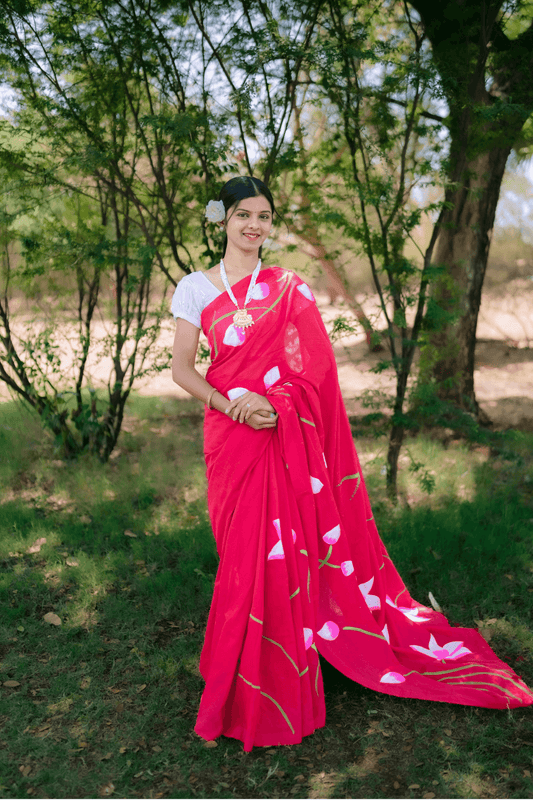 Hand Painted Pure Cotton Floral Saree - Red - - Laxha Clothing - www.laxhaclothing.com