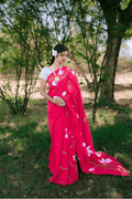 Hand Painted Pure Cotton Floral Saree - Red - - Laxha Clothing - www.laxhaclothing.com