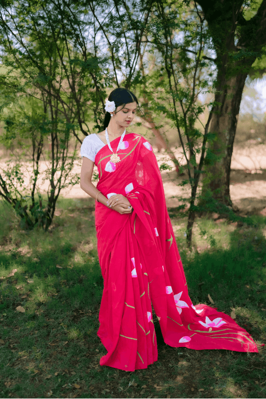 Hand Painted Pure Cotton Floral Saree - Red - - Laxha Clothing - www.laxhaclothing.com