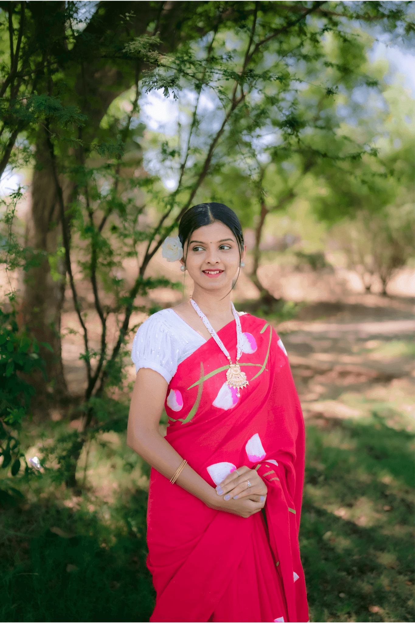 Hand Painted Pure Cotton Floral Saree - Red - - Laxha Clothing - www.laxhaclothing.com