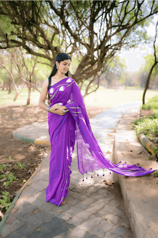 Hand Painted Pure Cotton Floral Saree - Purple - - Laxha Clothing - www.laxhaclothing.com