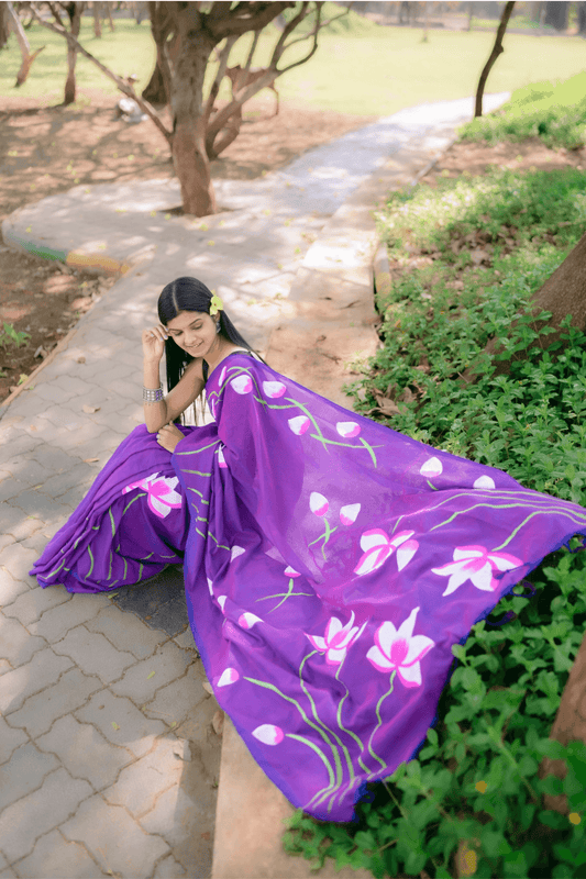 Hand Painted Pure Cotton Floral Saree - Purple - - Laxha Clothing - www.laxhaclothing.com