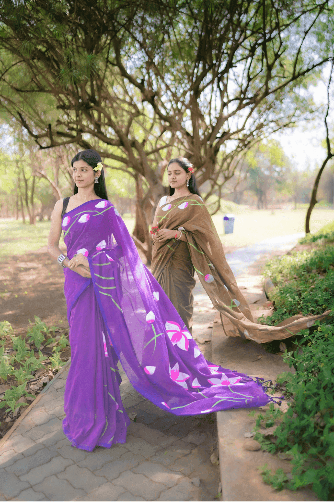 Hand Painted Pure Cotton Floral Saree - Light Brown - - Laxha Clothing - www.laxhaclothing.com