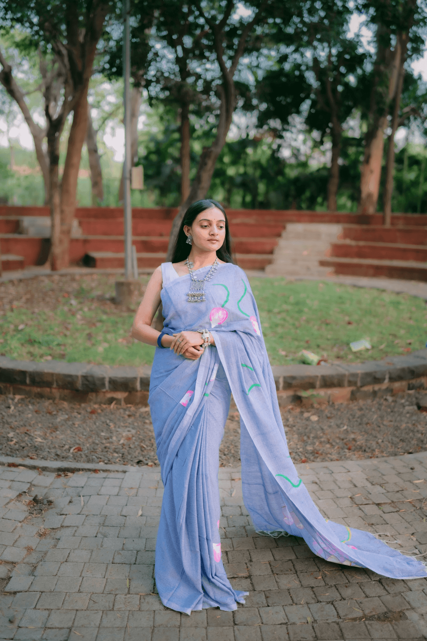 Hand Painted Pure Cotton Floral Saree - Sky Blue - - Laxha Clothing - www.laxhaclothing.com