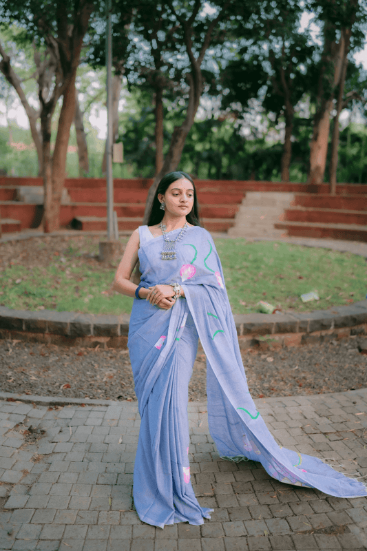 Hand Painted Pure Cotton Floral Saree - Sky Blue - - Laxha Clothing - www.laxhaclothing.com