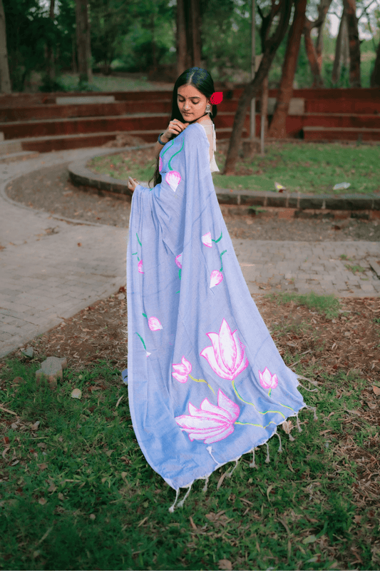 Hand Painted Pure Cotton Floral Saree - Sky Blue - - Laxha Clothing - www.laxhaclothing.com