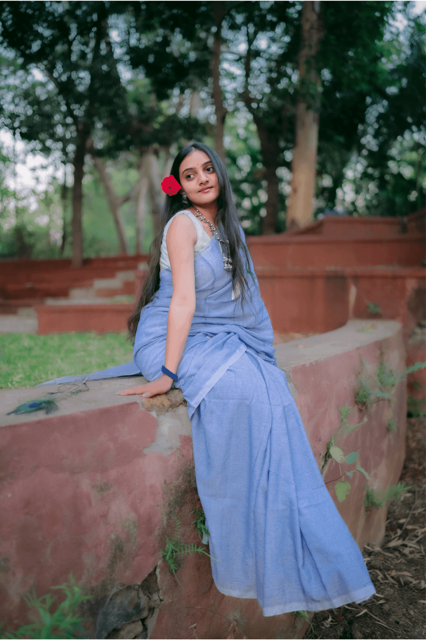 Hand Painted Pure Cotton Floral Saree - Sky Blue - - Laxha Clothing - www.laxhaclothing.com
