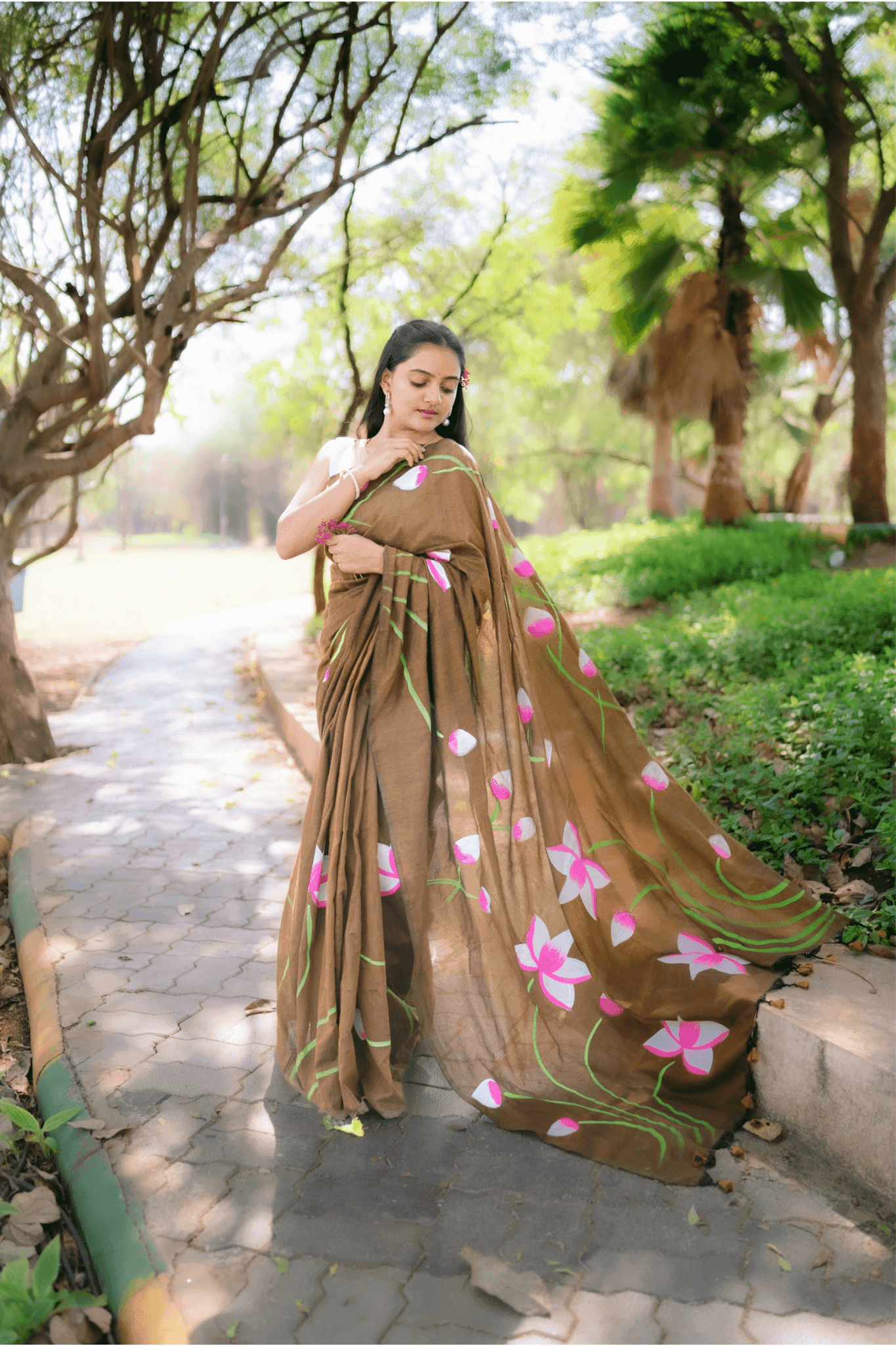 Hand Painted Pure Cotton Floral Saree - Light Brown - - Laxha Clothing - www.laxhaclothing.com