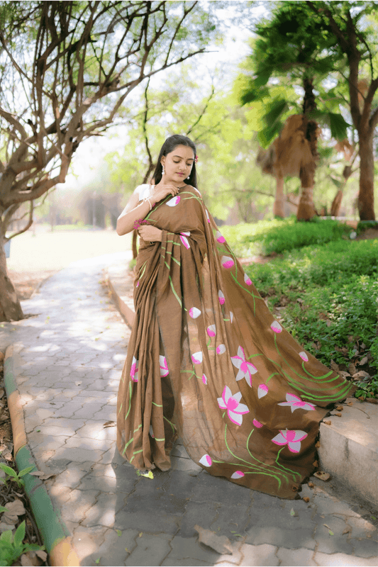Hand Painted Pure Cotton Floral Saree - Light Brown - - Laxha Clothing - www.laxhaclothing.com