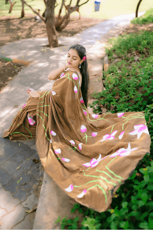 Hand Painted Pure Cotton Floral Saree - Light Brown - - Laxha Clothing - www.laxhaclothing.com