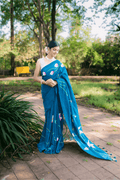 Hand Painted Pure Cotton Floral Saree - Peacock Blue - - Laxha Clothing - www.laxhaclothing.com