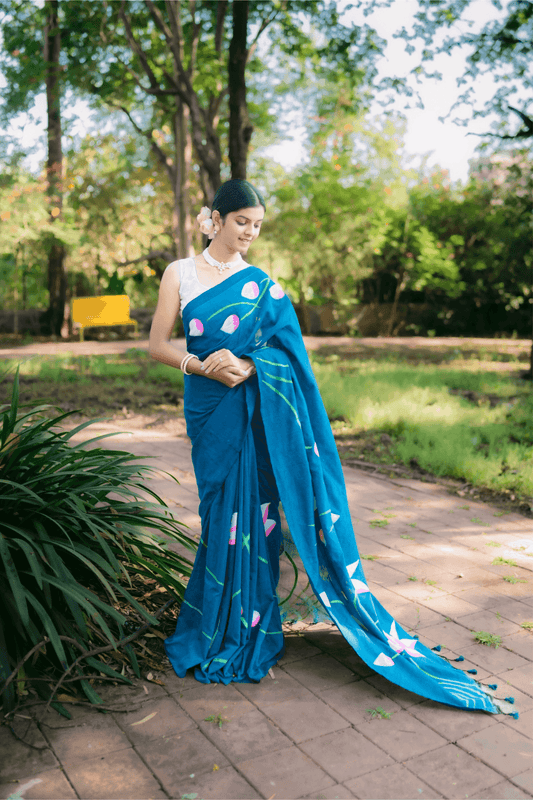 Hand Painted Pure Cotton Floral Saree - Peacock Blue - - Laxha Clothing - www.laxhaclothing.com