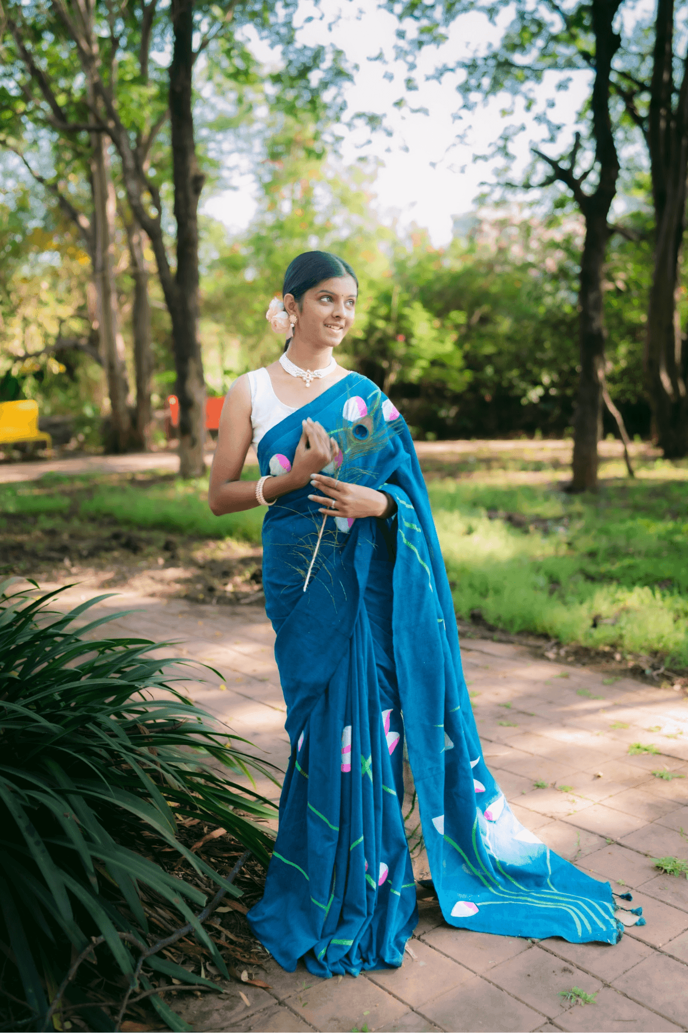 Hand Painted Pure Cotton Floral Saree - Peacock Blue - - Laxha Clothing - www.laxhaclothing.com