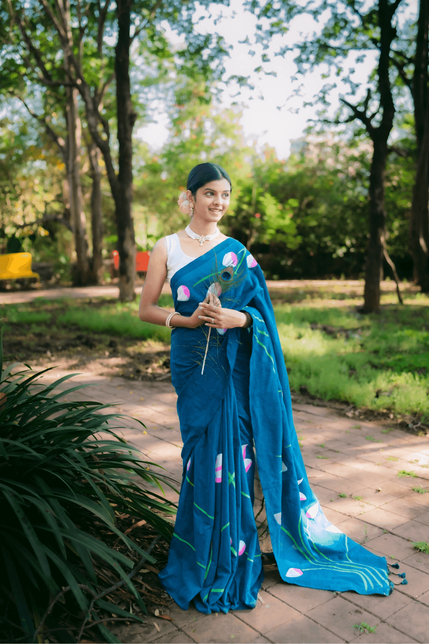 Hand Painted Pure Cotton Floral Saree - Peacock Blue - - Laxha Clothing - www.laxhaclothing.com