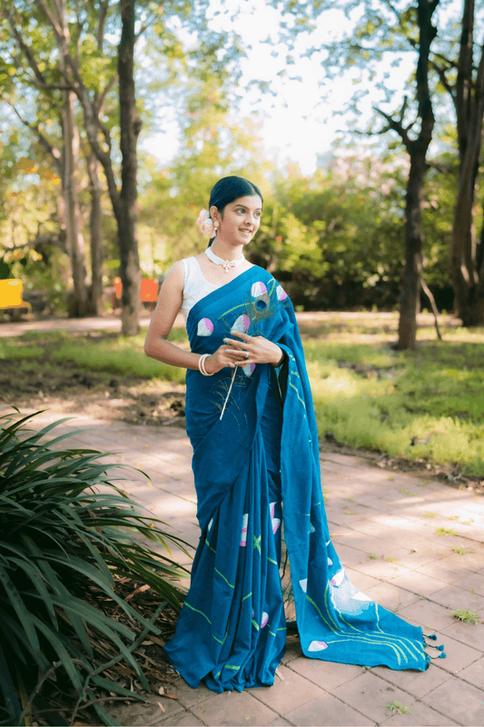 Hand Painted Pure Cotton Floral Saree - Peacock Blue - - Laxha Clothing - www.laxhaclothing.com