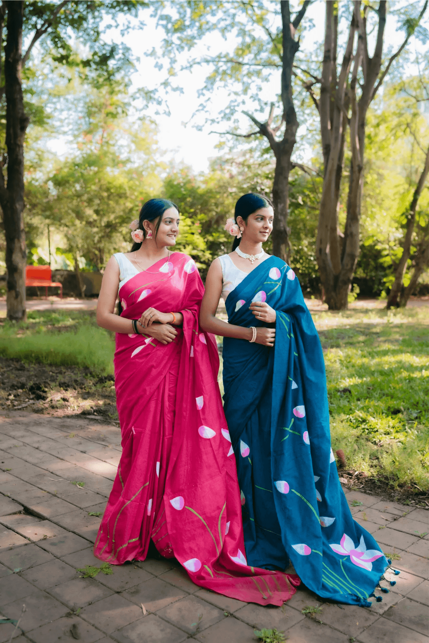 Hand Painted Pure Cotton Floral Saree - Peacock Blue - - Laxha Clothing - www.laxhaclothing.com