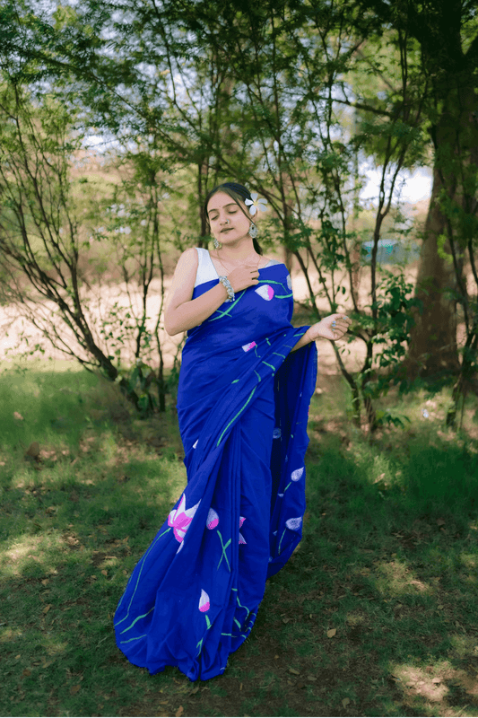 Hand Painted Pure Cotton Floral Saree - Dark Blue - - Laxha Clothing - www.laxhaclothing.com