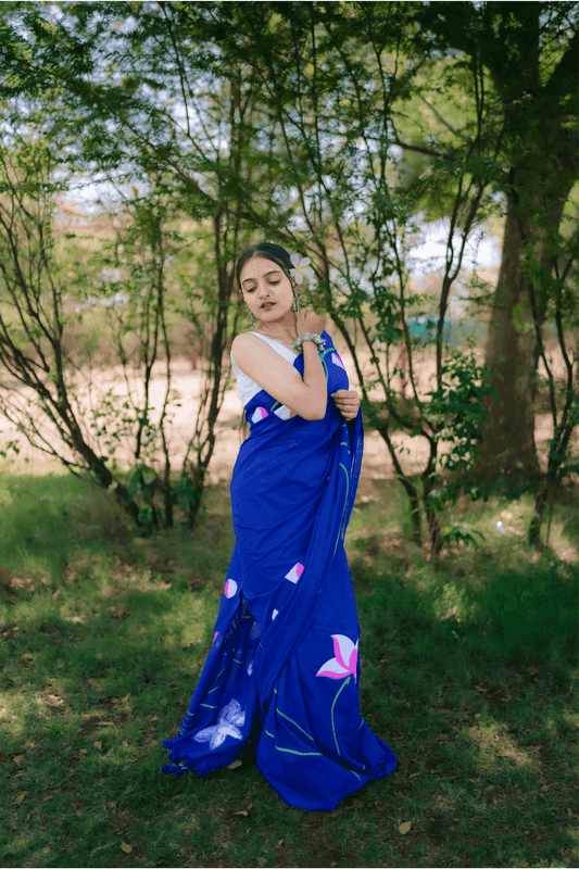 Hand Painted Pure Cotton Floral Saree - Dark Blue - - Laxha Clothing - www.laxhaclothing.com