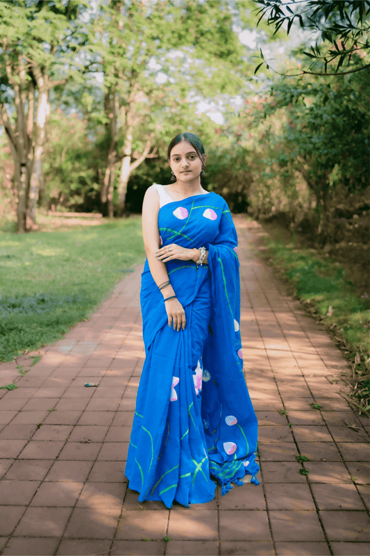 Hand Painted Pure Cotton Floral Saree - Blue - - Laxha Clothing - www.laxhaclothing.com