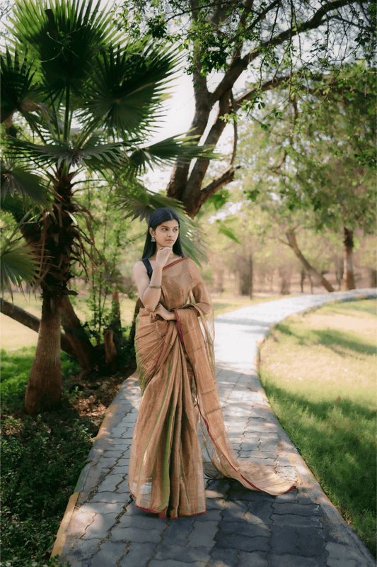 Metallic Tissue Saree - Dusty Gold - - Laxha Clothing - www.laxhaclothing.com