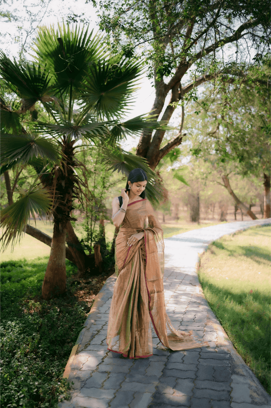 Metallic Tissue Saree - Dusty Gold - - Laxha Clothing - www.laxhaclothing.com
