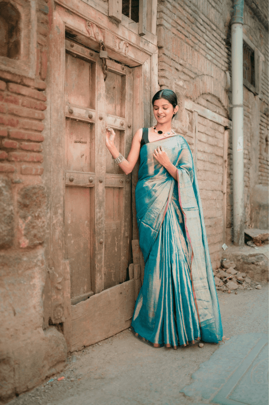 Metallic Tissue Saree - Teal - - Laxha Clothing - www.laxhaclothing.com