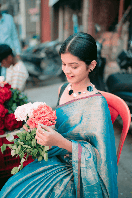 Metallic Tissue Saree - Teal - - Laxha Clothing - www.laxhaclothing.com