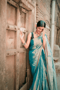 Metallic Tissue Saree - Teal - - Laxha Clothing - www.laxhaclothing.com