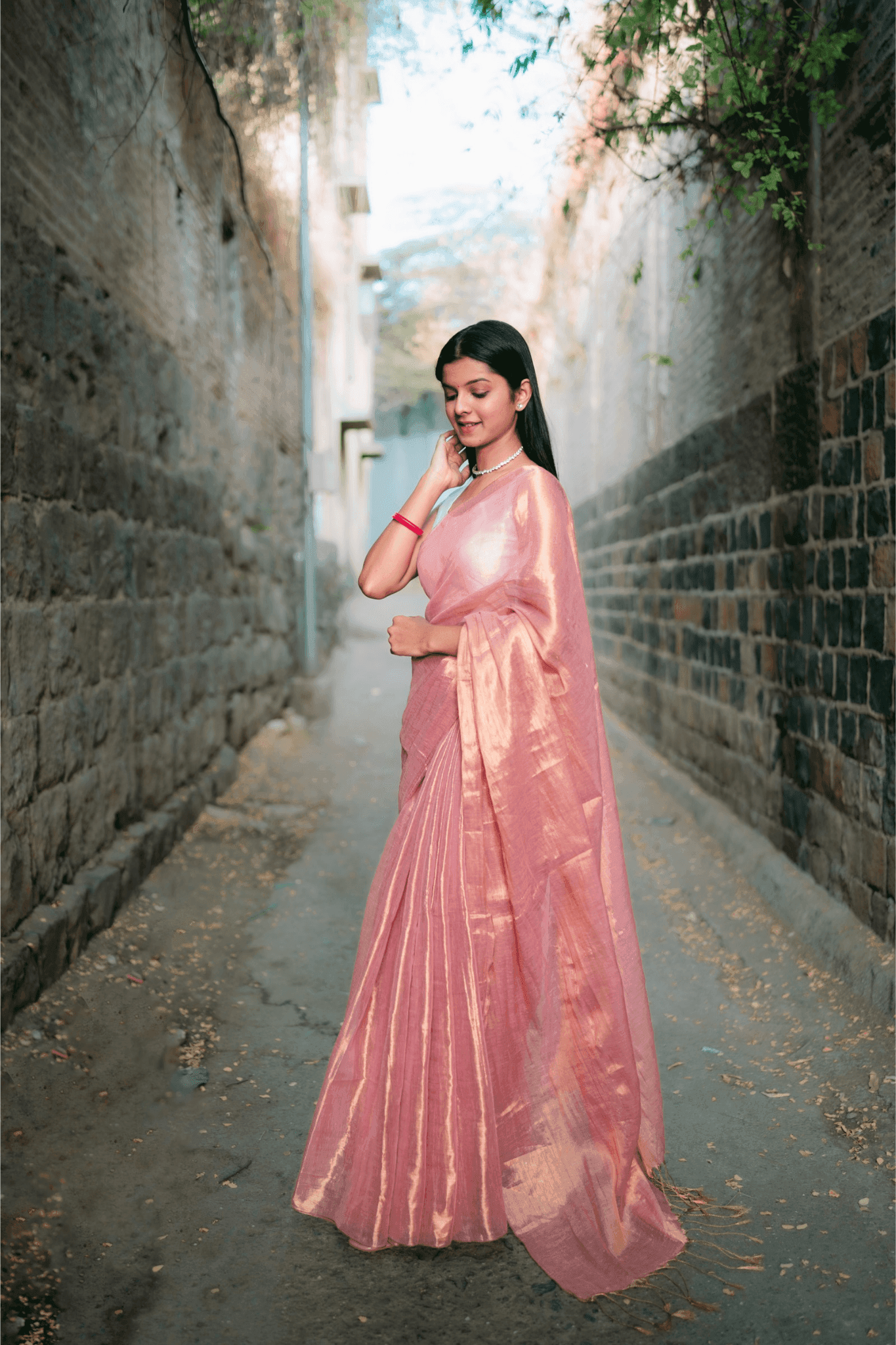 Metallic Tissue Saree - Rose Gold - - Laxha Clothing - www.laxhaclothing.com