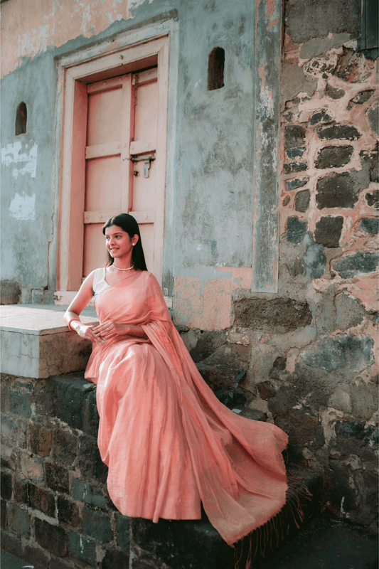 Metallic Tissue Saree - Rose Gold - - Laxha Clothing - www.laxhaclothing.com