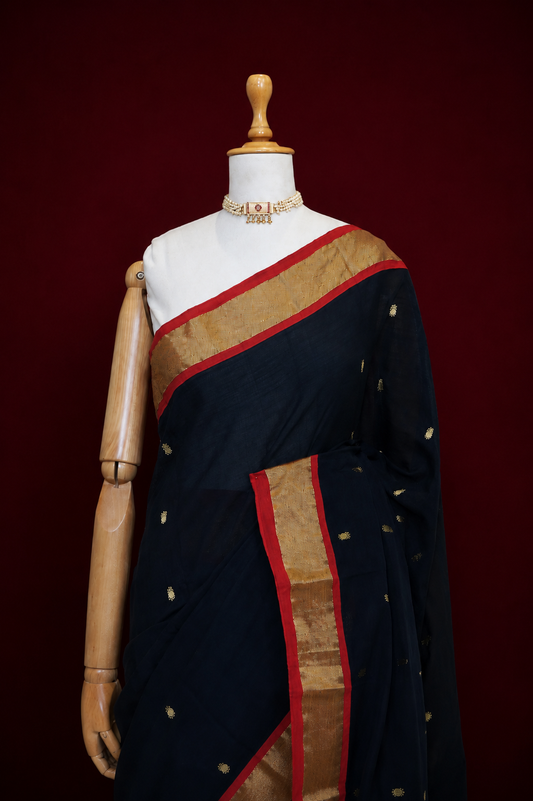 Black Handwoven Cotton Paithani With Red Coloured Contrast Border