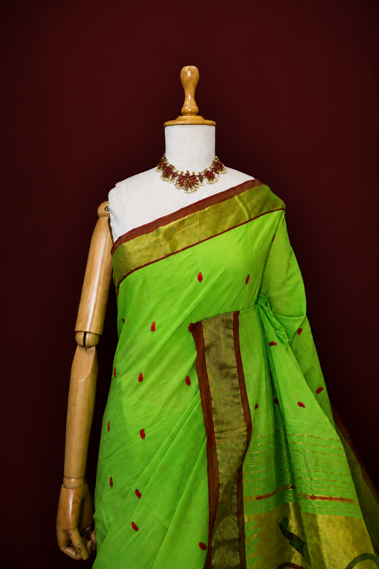 Pista Handwoven Cotton Paithani with Red Contrast Border