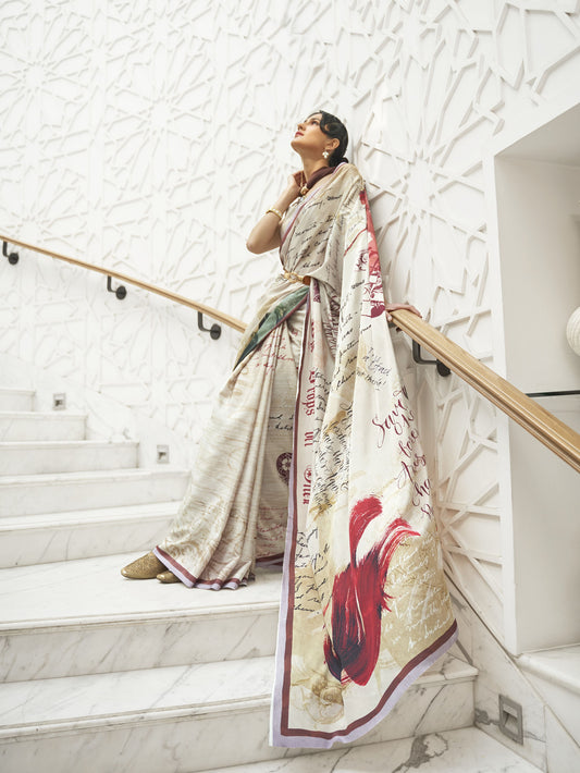 Authentic Pure Silk Crepe Kalamkari Saree - Beige Wine