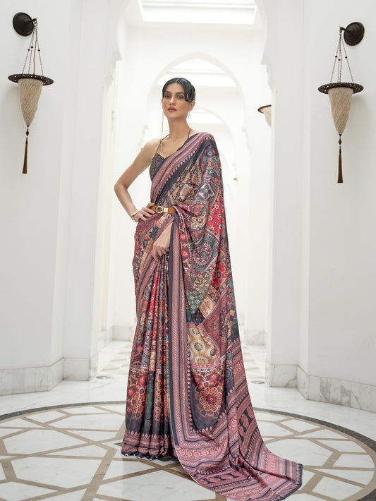 Authentic Pure Silk Crepe Kalamkari Saree - Wine Multi