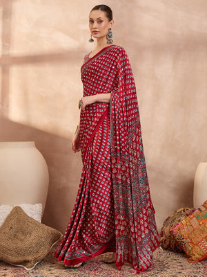 Ajrakh Printed Silk Saree with Mirror Work Detailing - Red