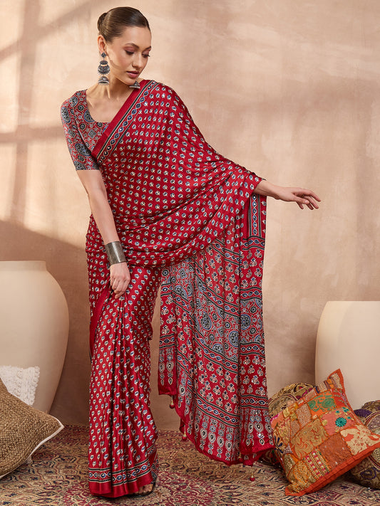 Ajrakh Printed Silk Saree with Mirror Work Detailing - Red
