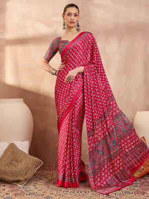 Ajrakh Printed Silk Saree with Mirror Work Detailing - Pink
