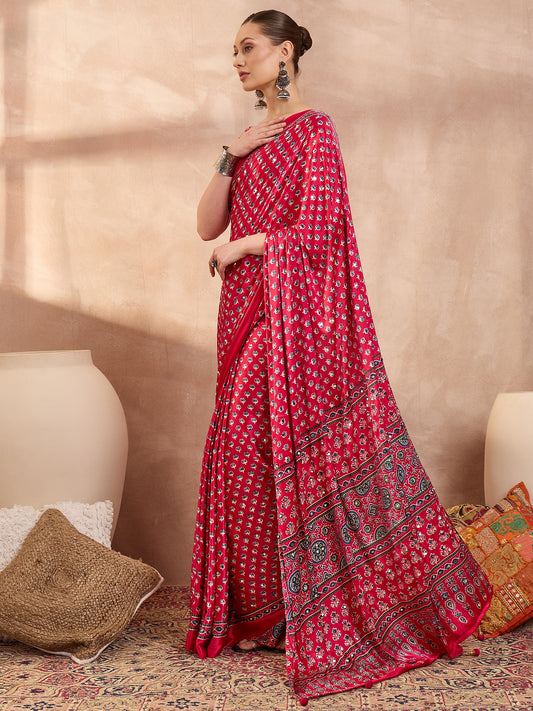 Ajrakh Printed Silk Saree with Mirror Work Detailing - Pink