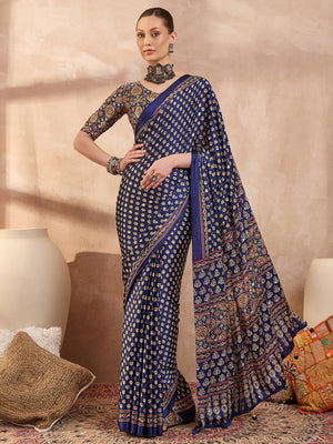 Ajrakh Printed Silk Saree with Mirror Work Detailing - Blue
