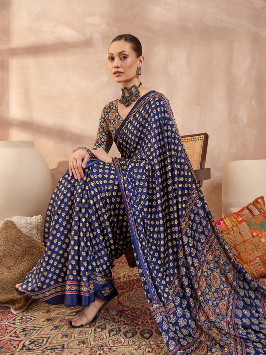 Ajrakh Printed Silk Saree with Mirror Work Detailing - Blue