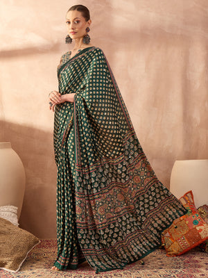 Ajrakh Printed Silk Saree with Mirror Work Detailing - Green