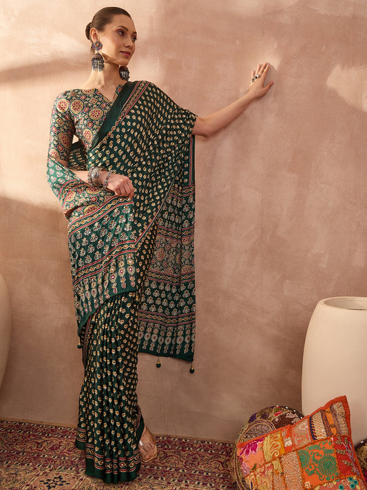 Ajrakh Printed Silk Saree with Mirror Work Detailing - Green