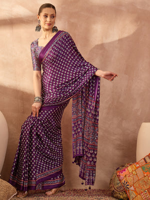 Ajrakh Printed Silk Saree with Mirror Work Detailing - Purple